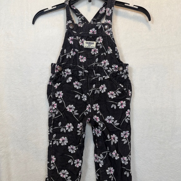 OshKosh B'gosh Overalls Infant Girl Size 12M Corduroy Floral Black Pink - Picture 2 of 7